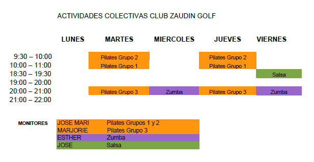 Actividades dirigidas Club Zaud&iacute;n Golf